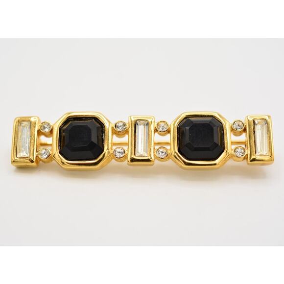 Givenchy Vintage Crystal Bar Pin Brooch Black Baguette Gold Signed 1980s BinAP - Picture 1 of 12